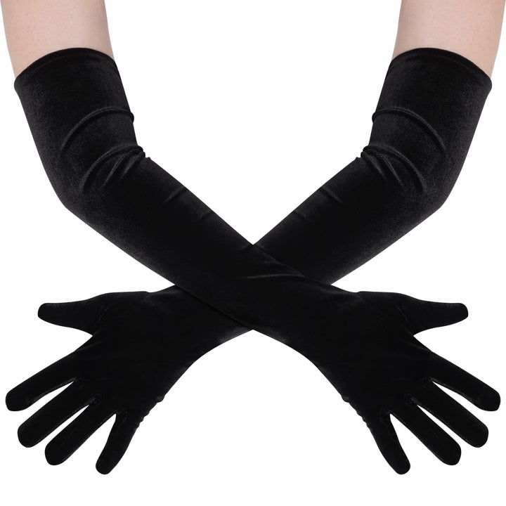 Women Long Velvet Gloves for Women Elbow Length 1920s Opera Costume Flapper Evening Banquet Party (Black)