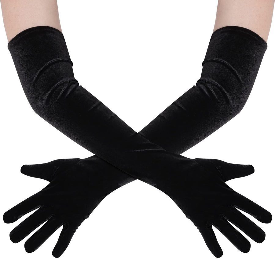 Women Long Velvet Gloves for Women Elbow Length 1920s Opera Costume Flapper Evening Banquet Party (Black)