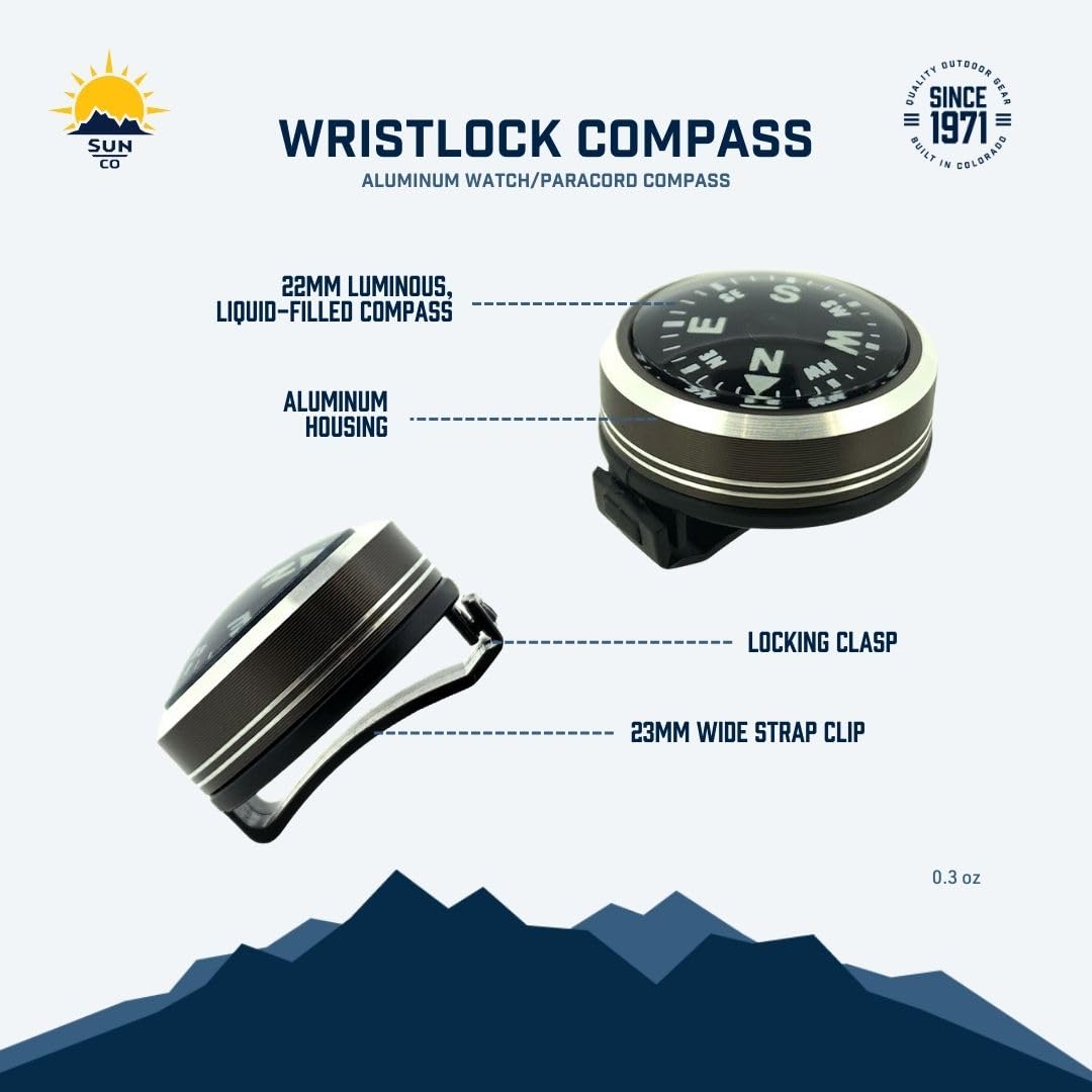 WristLock - Aluminum Wrist Compass for Watch or Paracord Bracelet | Clip-On, Locking Design | Accessory for Camping, Hiking, Navigation