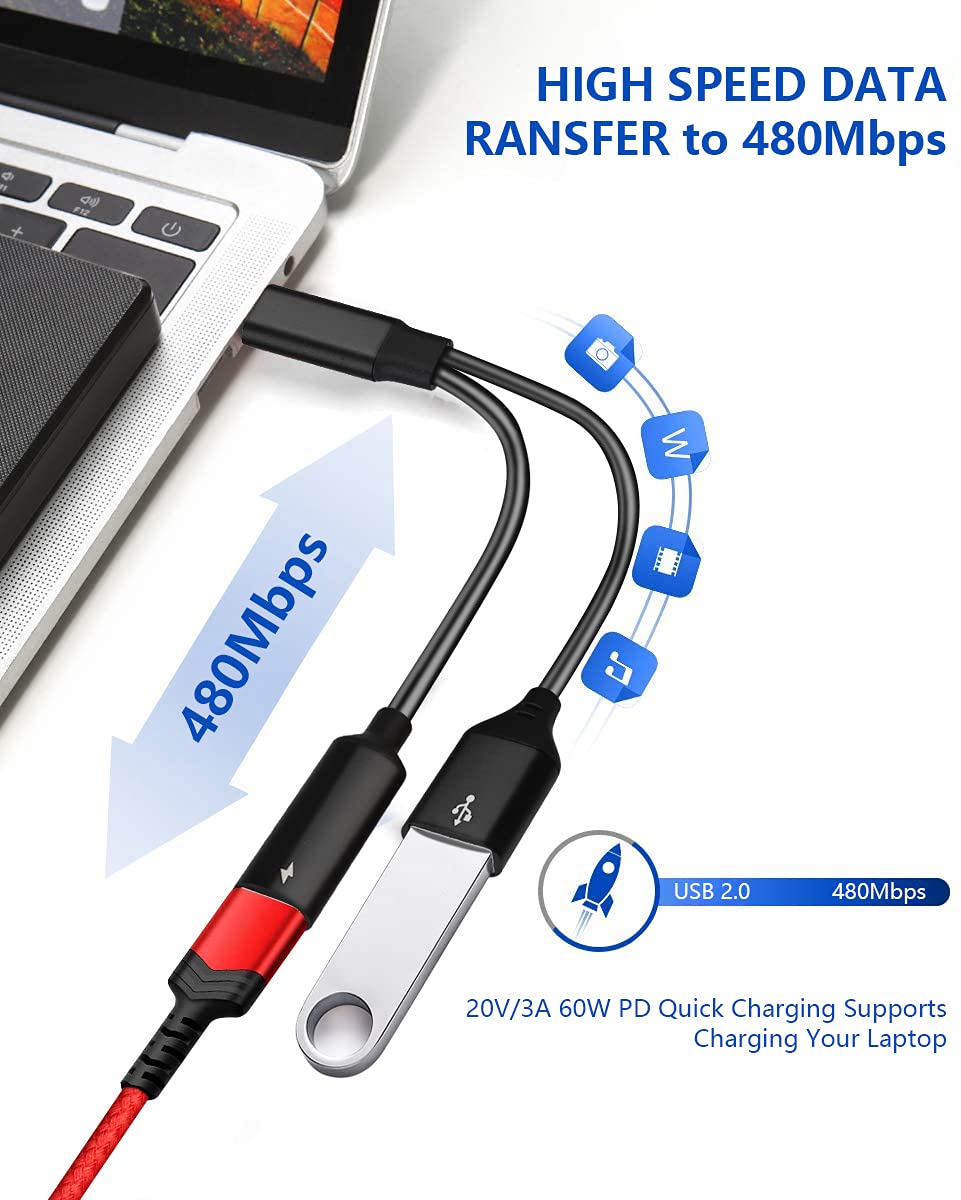 USB C to USB Adapter with Type C Charging, 2 in 1 Type C 3.0 OTG Splitter with 60W PD Fast Charge Compatible with iPhone 16 15 Pro Max, Galaxy S24 S23 S22, Pixel 9 8 7, iPad Pro, Google TV 2020