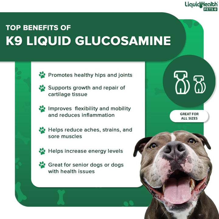 32 Oz K9 Liquid Glucosamine for Dogs, Puppies and Senior Canines - Chondroitin, MSM, Hyaluronic Acid – Joint Health, Dog Vitamins Hip Joint Juice, Dog Joint Oil