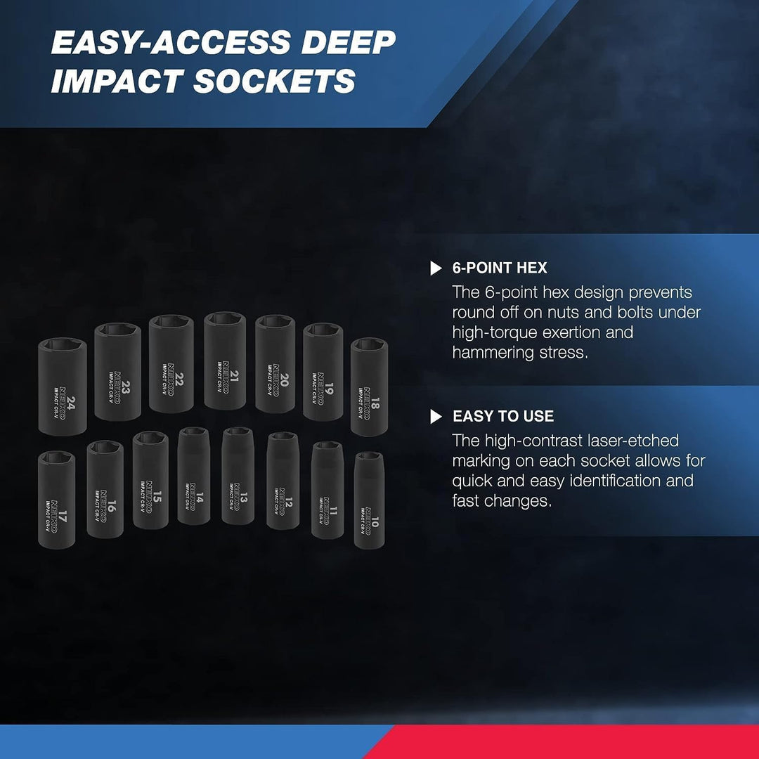 02474A 1/2 Impact Socket Set, 15 Piece Metric Socket Set 10-24 mm, Deep Sockets, 6 Point, 1/2” Drive Sockets for 1/2 Impact Wrench, Chrome Vanadium Cr-V