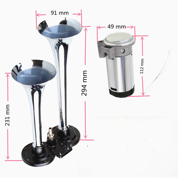 Air Horn Car Horn 12V 150db Truck Horn Chrome Zinc Dual Trumpet Air Horn with Compressor Loudspeaker Silver Super Loud Horn for Any 12V Vehicles Trucks Lorrys Trains Boats Cars Vans ect