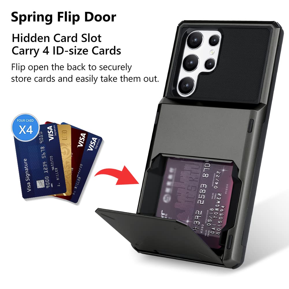 Wallet Case for Samsung Galaxy S22 Ultra Case with 4-Card Credit Card Holder Slot Shockproof Cover Hybrid Heavy Duty Protection Armor Phone Case Compatible with Samsung Galaxy S22 Ultra-Gray