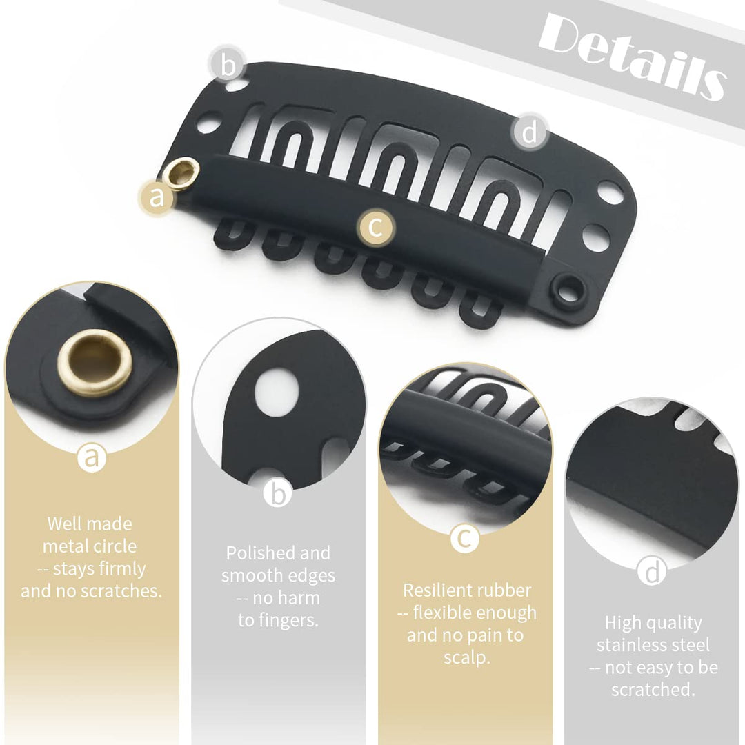 30 Pack Black Stainless Steel Wig Clips, 6-Teeth Snap Combs Clips With Rubber For Hair Extension