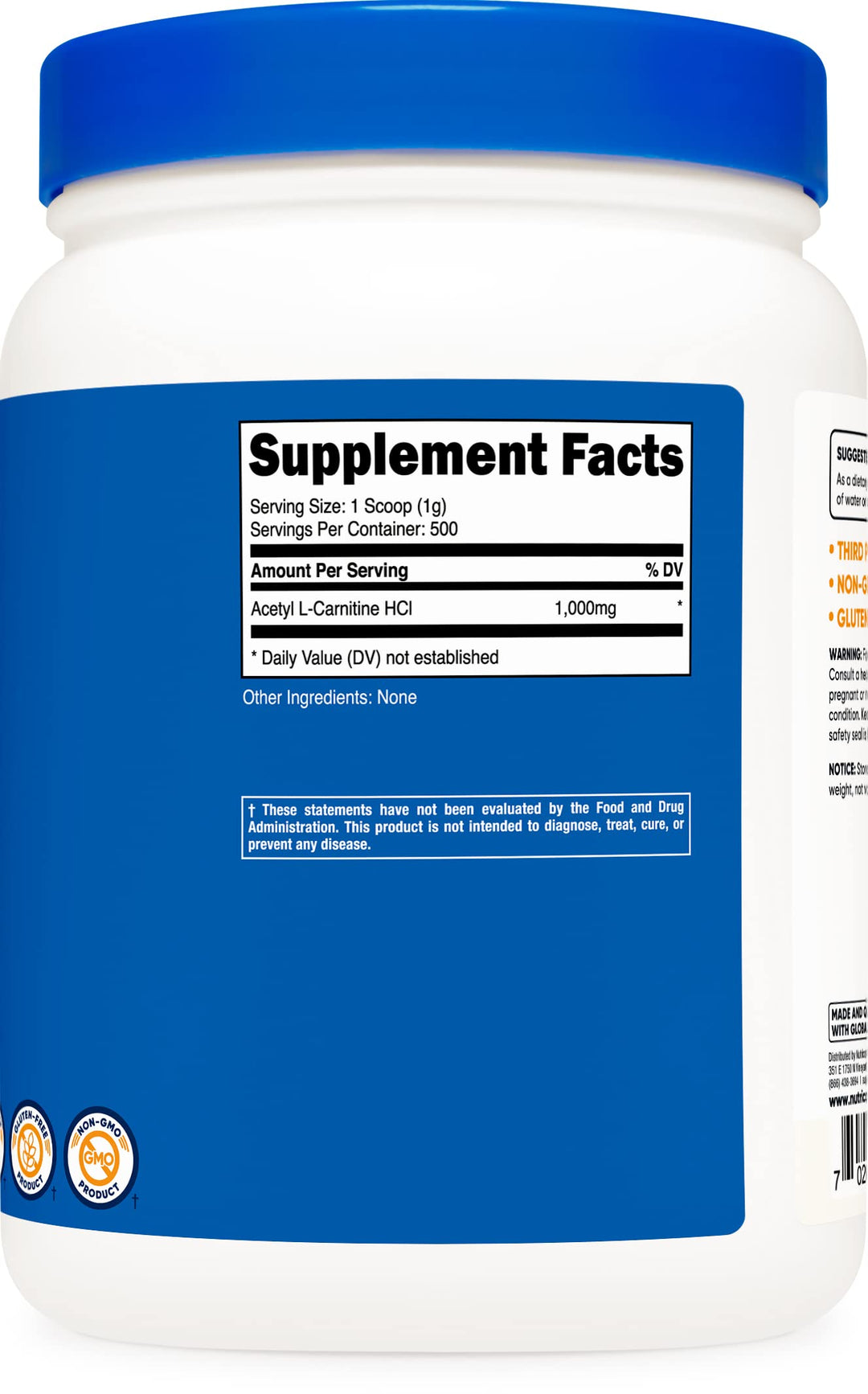 Acetyl L-Carnitine (ALCAR) 500 Grams - 1000mg Per Serving - Pure Acetyl L-Carnitine Powder