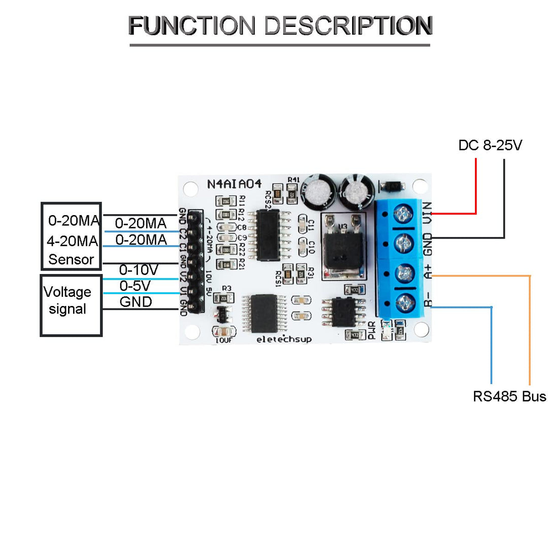 DC 12V 4-20mA 0-5V 0-10V Voltage Signal Acquisition RS485 Modbus RTU Module for PLC Current Transmitter N4AIA04 Measuring Instruments DC 8-25V