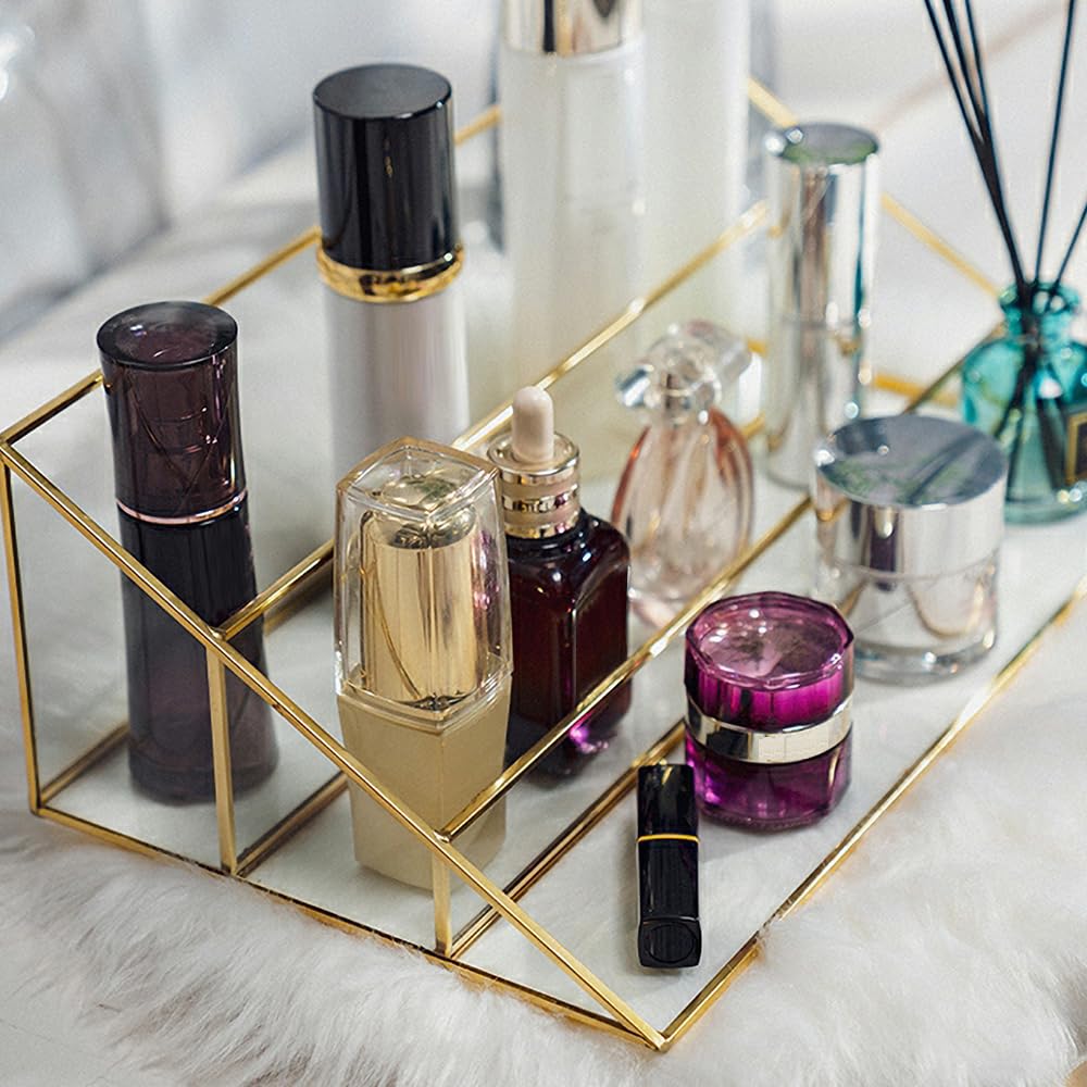 Gold Makeup Organizer Case Vanity, 3 Layers Glass Makeup Storage Cosmetics Organizer Earring Ring Holder Display Case