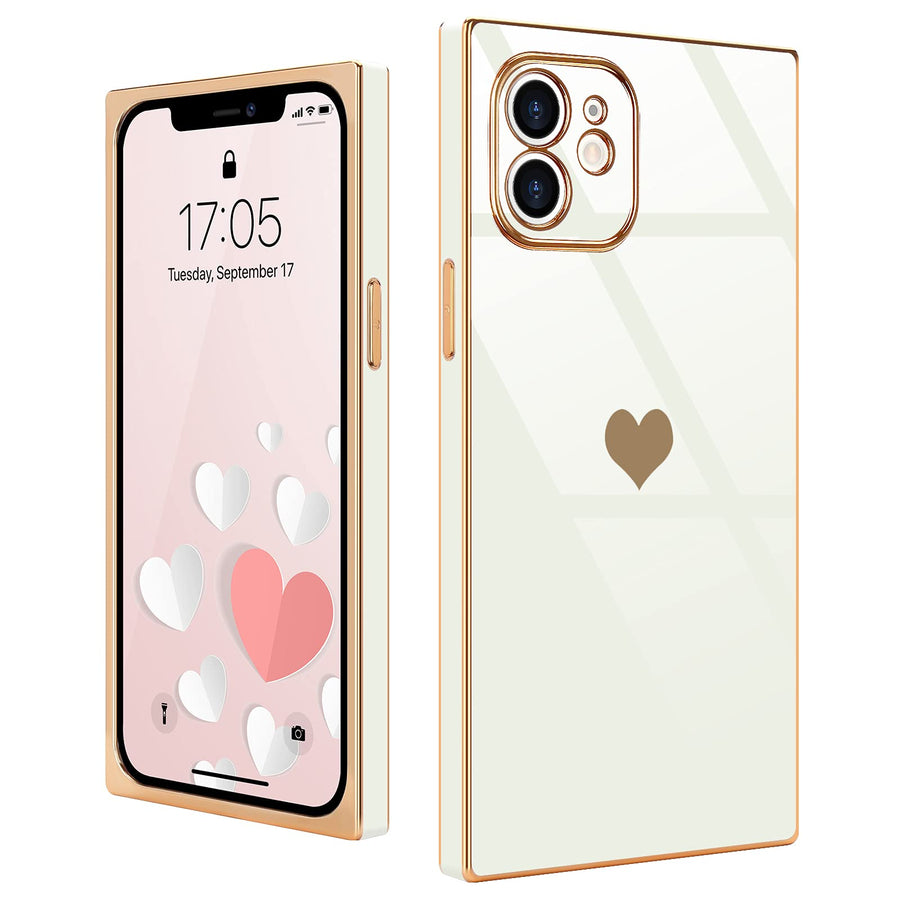 Compatible with iPhone 12 Case Rectangle Cute Plating Gold Luxury Love Heart Phone Case for Women Girls Shockproof Raised Full Camera Lens Protection Bumper Cover for iPhone 12, White
