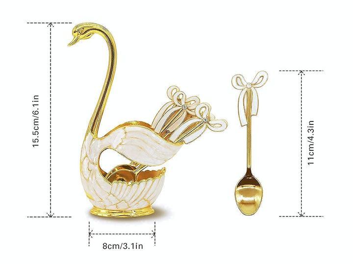 Coffee Dessert Spoon Set Metal Swan Base Holder Spoon Organizer with 6pcs Ice Cream Spoons Teaspoons Coffee Dessert Flatware (Gold)