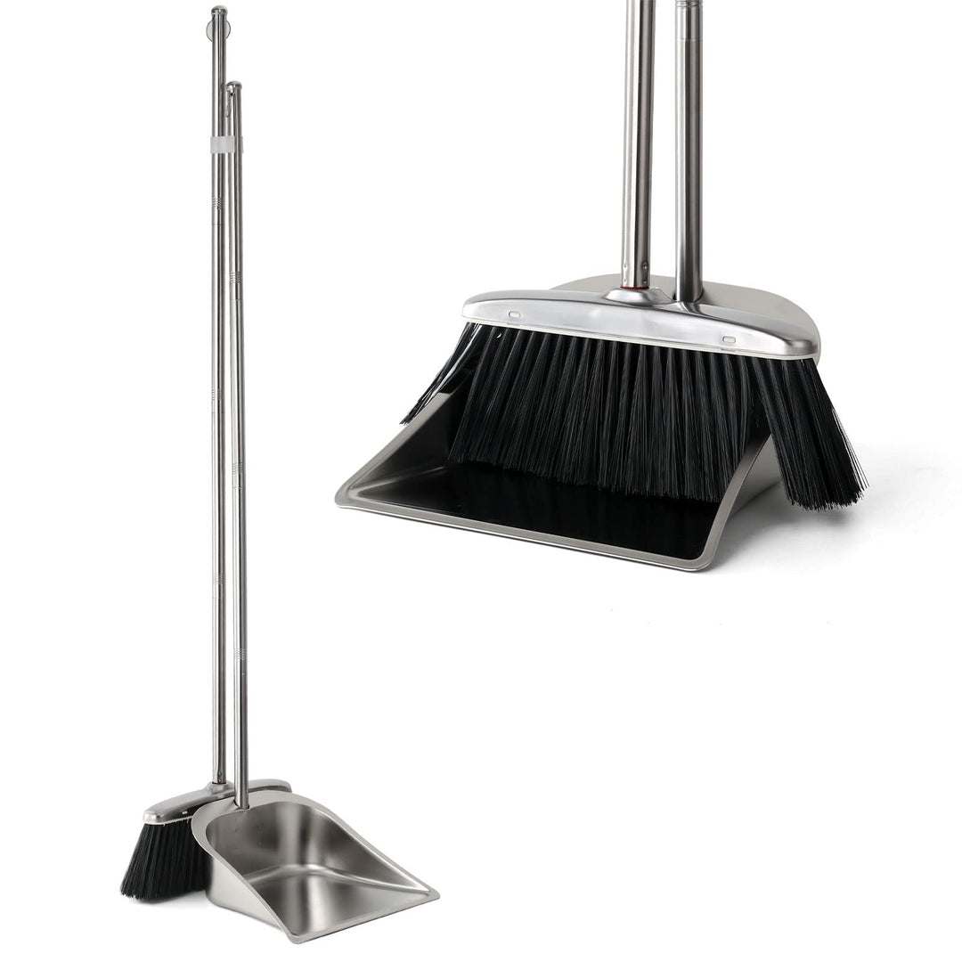Broom and Dustpan Set for Home, Stainless Steel Broom and Dustpan Set with Long Handle, Heavy Duty Dustpan Broom Set Standing Dust Pan Kitchen and Home Indoor Outdoor Broom
