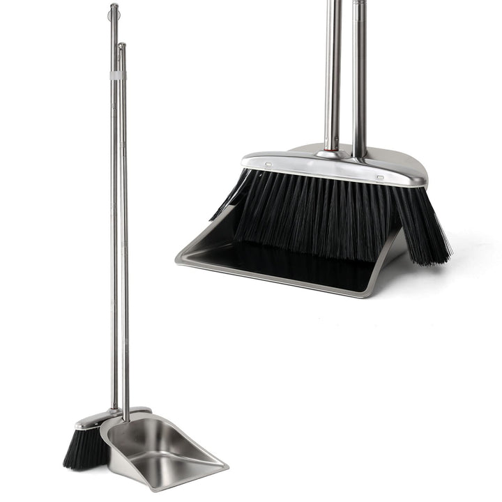 Broom and Dustpan Set for Home, Stainless Steel Broom and Dustpan Set with Long Handle, Heavy Duty Dustpan Broom Set Standing Dust Pan Kitchen and Home Indoor Outdoor Broom
