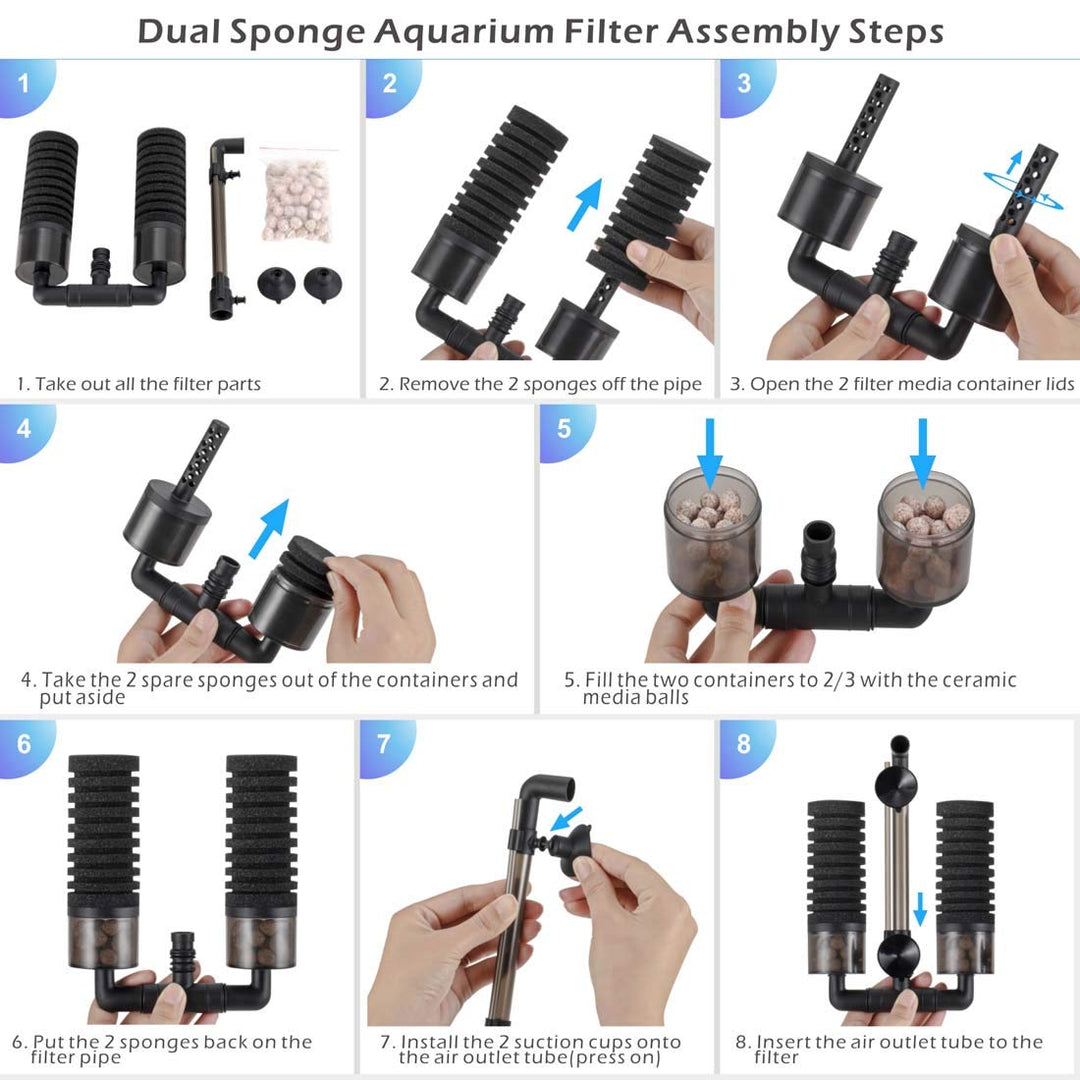 Sponge Filter, Aquarium Filter Double Sponge Replaceable Media with 4 Biochemical Sponges and 1 Bag of Filtered Ceramic Balls Ultra Quiet Filter Fish Tank (S/M)