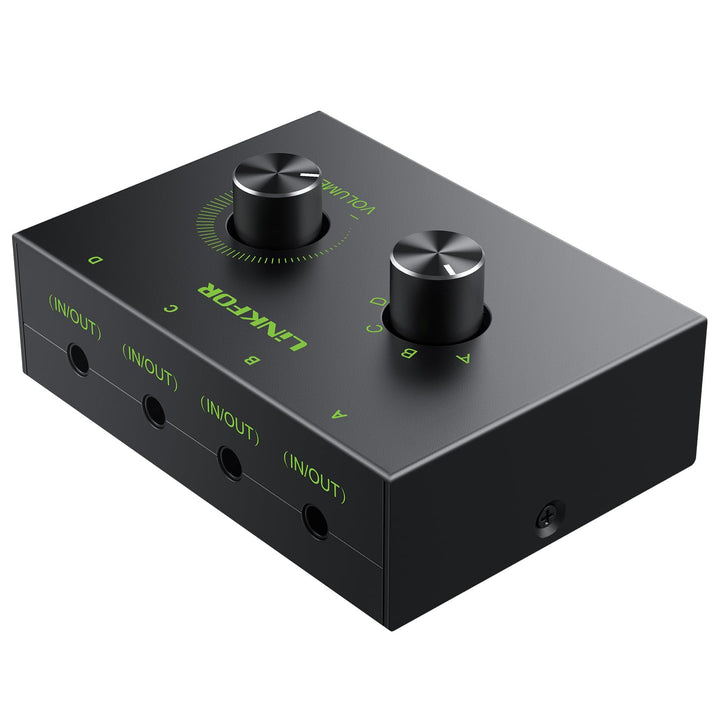 4 Port 3.5mm Stereo Audio Switch, 4 Way Stereo Audio Selector, 4 Input 1 Output / 1 Input 4 Output Audio Splitter with Volume Control and 4 Channel Switch Knob