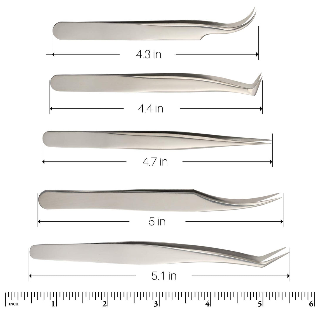 Lash Eyelash Extension Tweezers Set, 5 Pcs Straight and Curved Volume Lash Tweezers For Eyelash Extensions-Professional Stainless Steel Precision Tweezers Set,Lash Extension Supplies