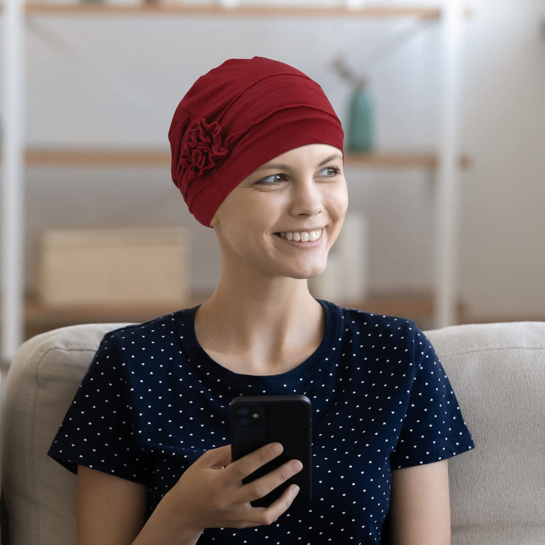 4 Pcs Chemo Hear for Women Cancer Caps Headcovers Headwrap Soft Flower Turban Hats for Women(Black, Gray, Khaki, Burgundy,Simple Flower)