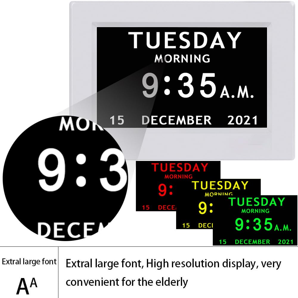 3 Colors Extra Large Impaired Vision Digital Clock with Day and Date for Elderly Calendar Day Clock Auto Dimmable Clock with Non-Abbreviated Year & Month Alarm Clock (7 inch Black)