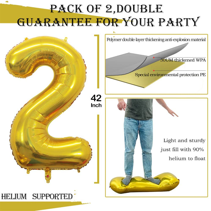 2 Pcs 42 Inch Gold Foil Balloons Number 2 ,Number Balloons for Party