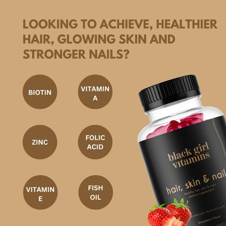 - Hair, Skin, and Nails Gummies with Biotin (6000 mcg), Zinc, Gelatin Free, Vitamin A, and Vitamin E - Gluten-Free. Made in The USA (Strawberry, 60 Count) 30 Day Supply