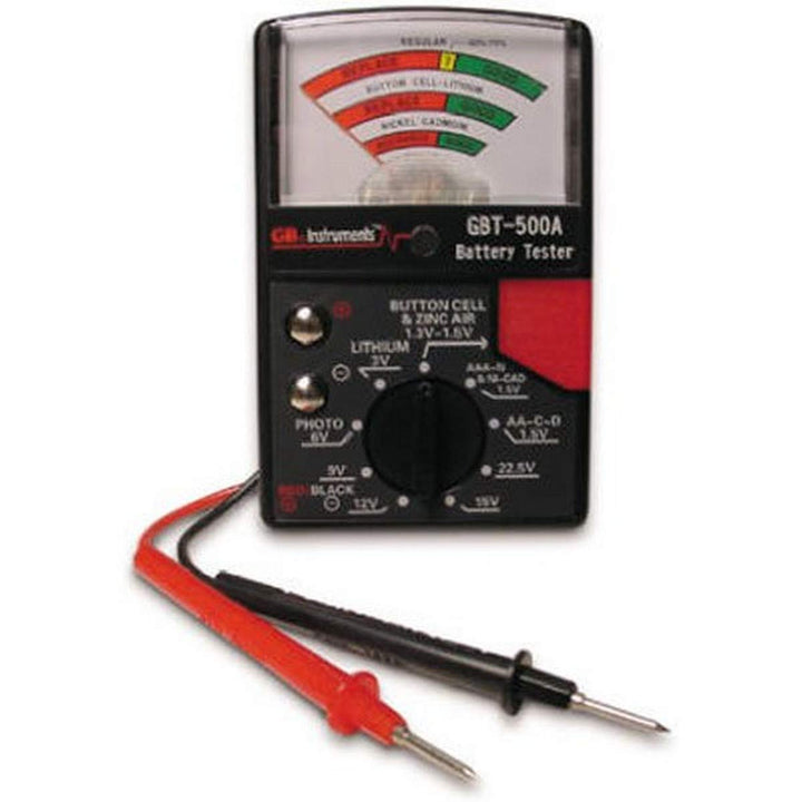 GBT-500A Analog 1.5 V Button Cell/22.5 Photo/AA/AAA/12 V/9 V/Lantern Cells & More, Leads Battery Tester,14 Battery Range, Black
