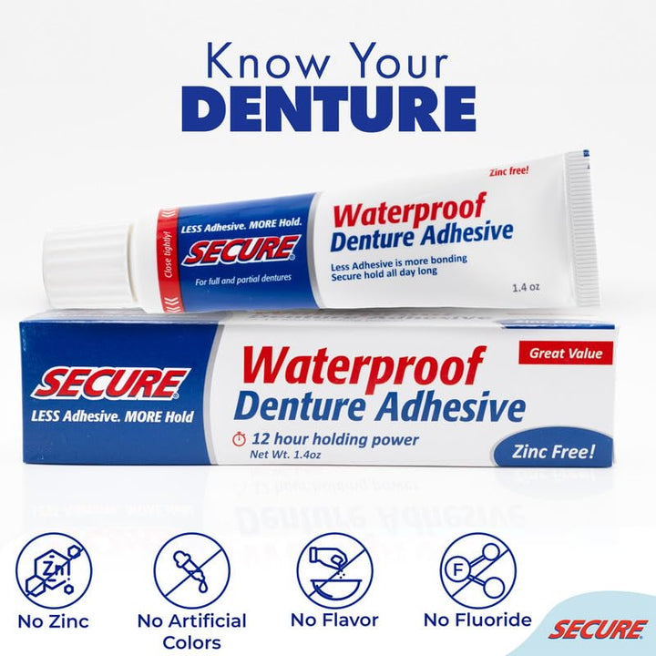 Waterproof Denture Adhesive - Zinc Free - Extra Strong Hold For Upper, Lower or Partials - 1.4 oz