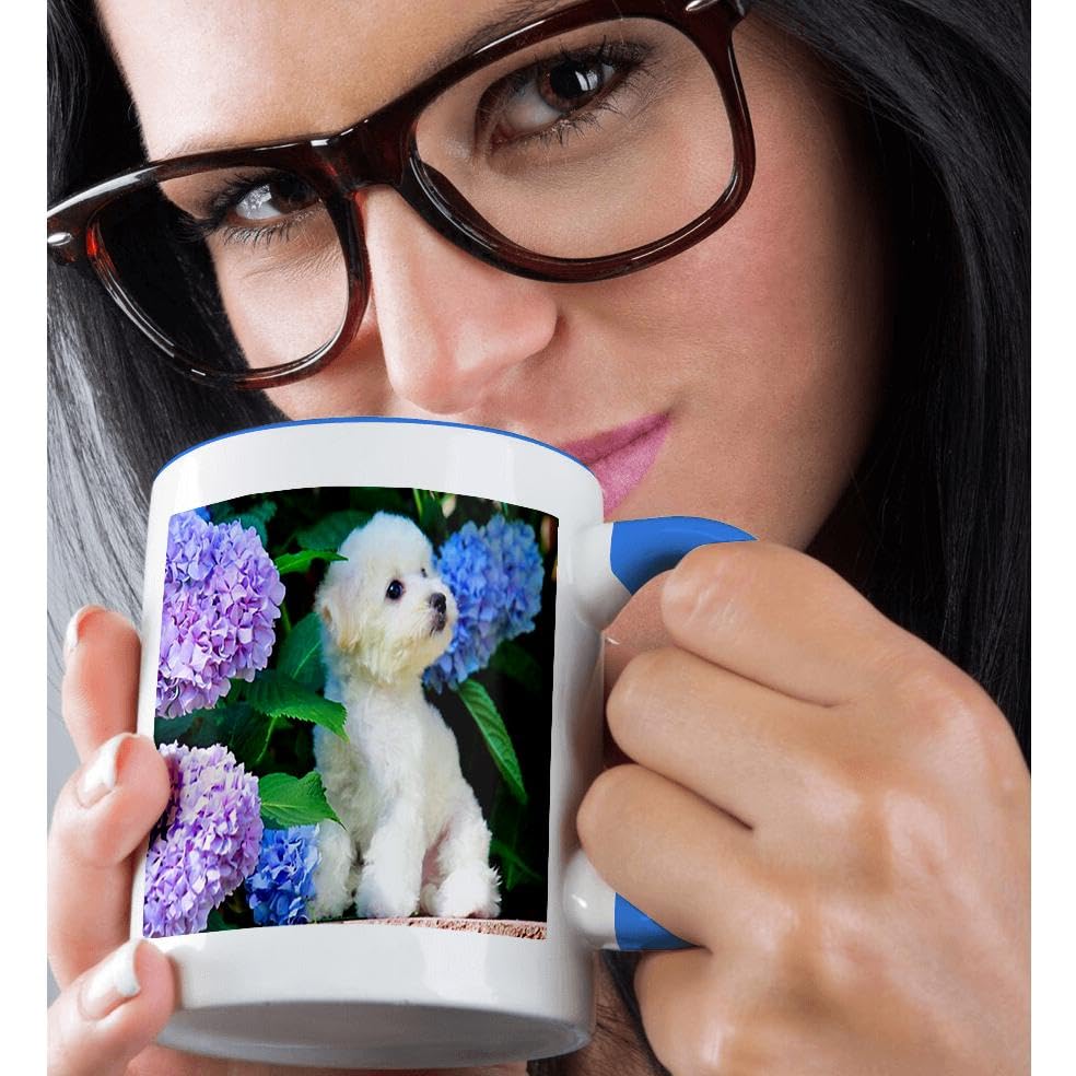 mug_80886_6 Adorable Bichon Frise Puppy Among Hydrangeas Two Tone Blue Mug, 11 oz, Multicolor
