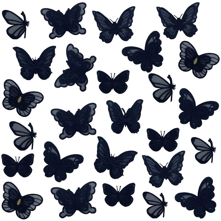 30 PCS Double Layers Lace Butterfly Applique Embroidery Butterfly Sew Iron On Patch, Organza Patches Butterfly Applique for Wedding Bridal Dress Sewing Craft DIY Clothes Hair Ornaments etc (Black)