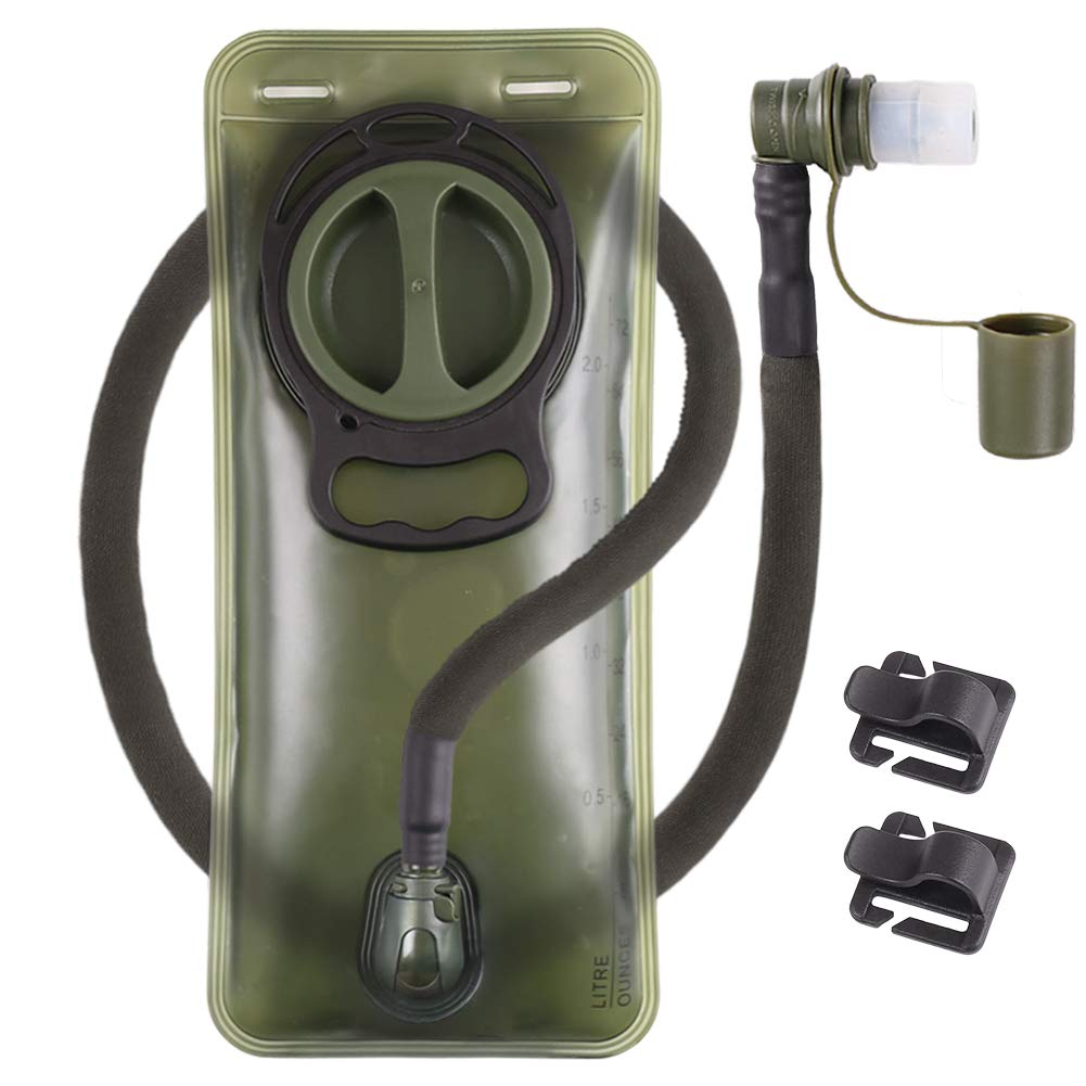 Hydration Bladder, 2L Water Bladder Military Green Leakproof Water Reservoir Storage Bag with Insulated Tube for Hydration Backpack, Outdoor Hiking Camping Running Cycling, Cleaning Kit