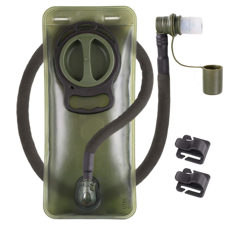 Hydration Bladder, 2L Water Bladder Military Green Leakproof Water Reservoir Storage Bag with Insulated Tube for Hydration Backpack, Outdoor Hiking Camping Running Cycling, Cleaning Kit