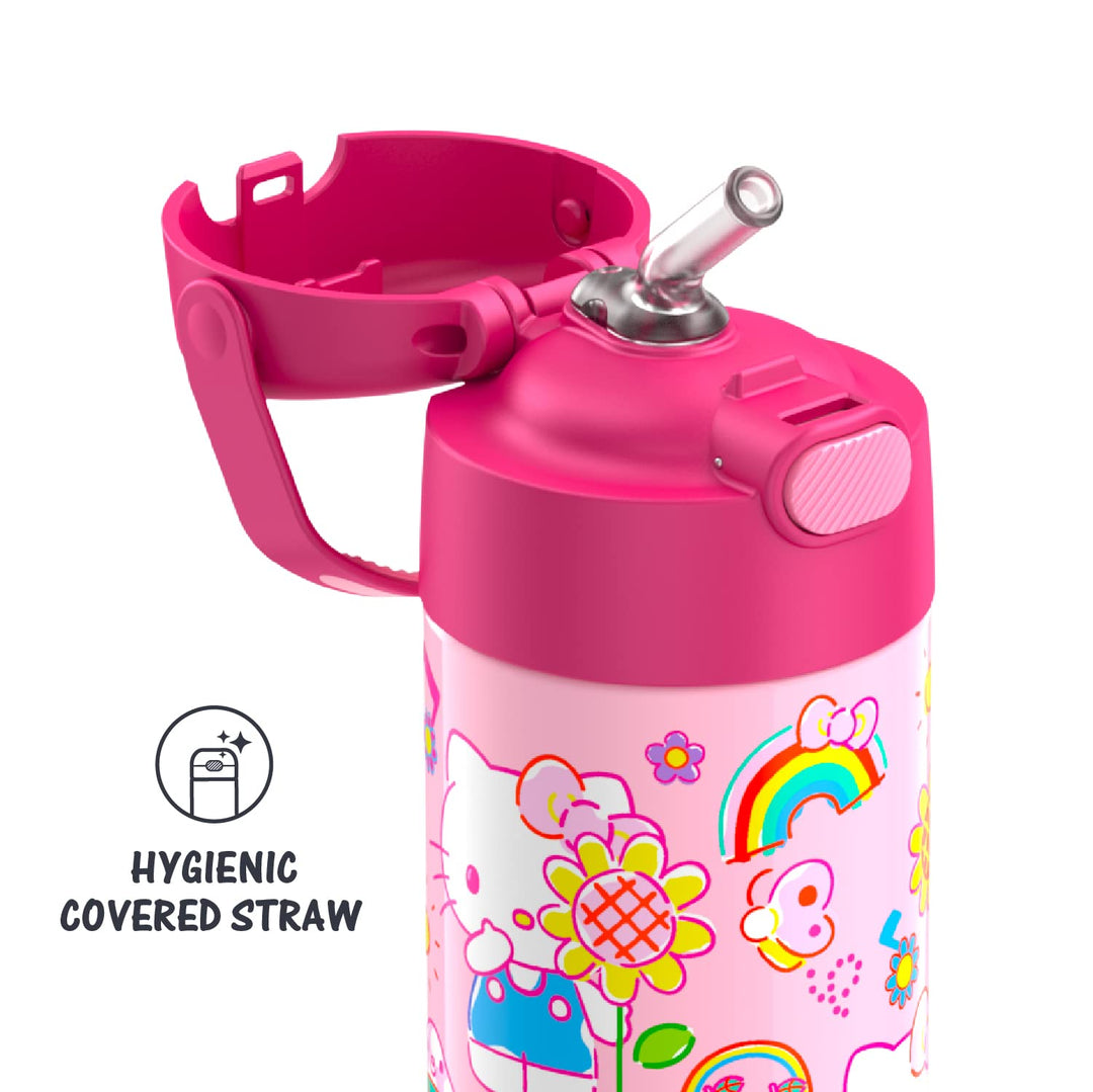 FUNTAINER 12 Ounce Stainless Steel Vacuum Insulated Kids Straw Bottle, Hello Kitty