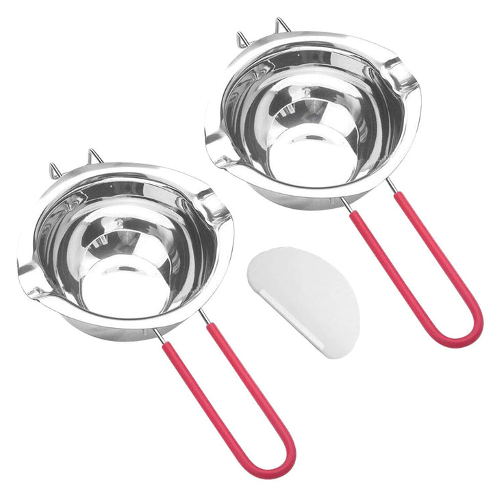 2 Pack Stainless Steel Double Boiler Pot Set, 600ML Capacity Melting Pot with Heat-resistant Handle Bonus 1 Plastic Scraper for Melting Chocolate, Butter, Cheese, Caramel and Candy