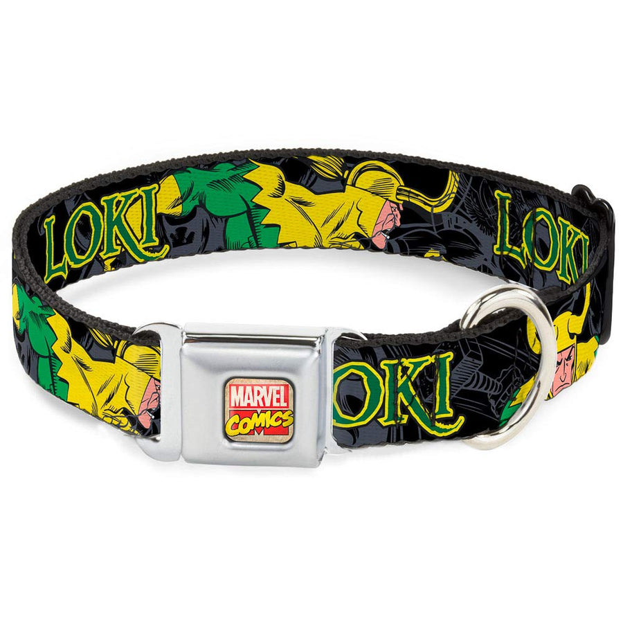 Seatbelt Buckle Dog Collar - LOKI in Action Black/Gray/Yellow/Green - 1 Wide - Fits 11-17 Neck - Medium