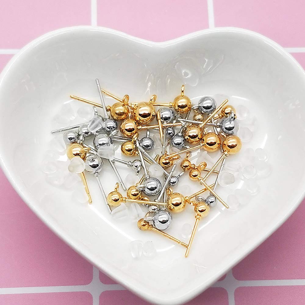 300pcs Ball Earring Studs with 300pcs Rubber Earring Safety Backs,Round Earrings Spherical Earrings Hypoallergenic Ear Pins for DIY Jewelry Earring Making