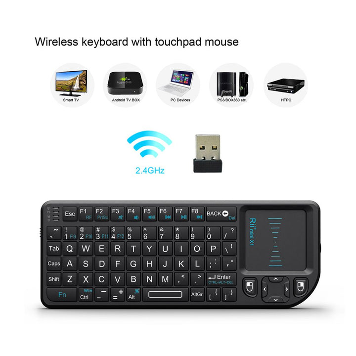 2.4G Mini Wireless Keyboard with Touchpad Mouse,Lightweight Portable Controller with USB Receiver Remote Control for Windows/ Mac/ Android/ PC/Tablets/ TV/Xbox/ PS3. X1-Black .