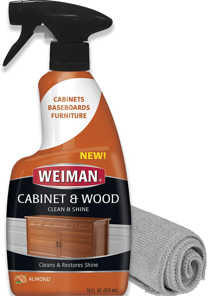 Cabinet & Wood Clean & Shine Spray - Furniture, Kitchen Cabinets, Baseboard & Trim, Fresh Almond Scent - Microfiber Cloth Included