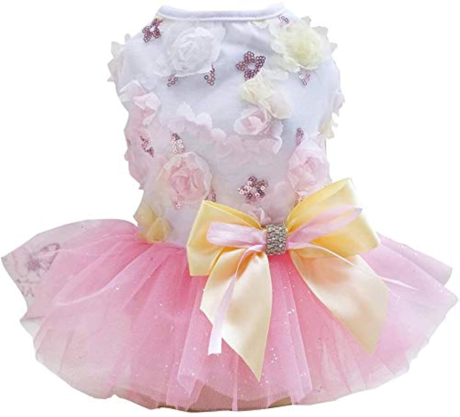 Dog Dress Puppy Skirt Dog Princess Dresses Tutu Flower and Sequin Dot Wedding Lace Dress Luxury Bow Dog Dresses for Small Dogs Girl Cat (L, Pink)