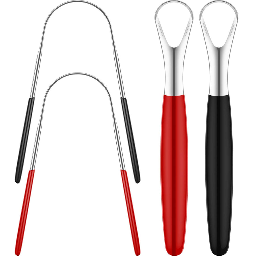 4 Pieces Tongue Cleaners Stainless Steel Tongue Scrapers Oral Tongue Brushes, Red and Black (U Shape, Straight Shape)