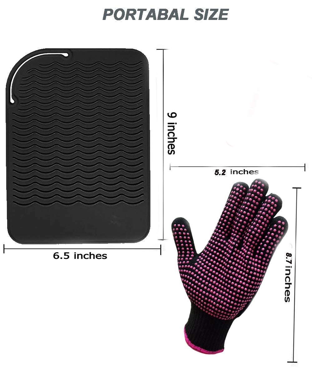 Curling Iron Mat, Heat Resistant Mat with Heat Resistant Glove for Hair Straightener, Flat Irons, 8.7â€Âx5.2†Silicone Bump Glove, 9†x 6.5†Food Grade Silicone Mat, Black