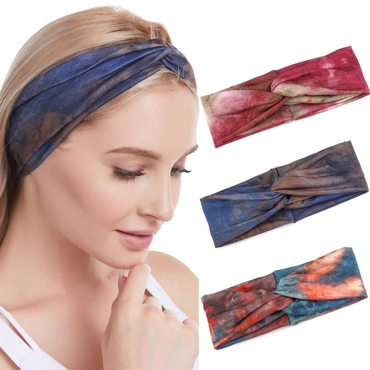 Boho Knot Headband Bule Criss Cross Turban Tie Dye Print Pattern Head Wrap Elastic Twisted Hairbands Yoga Sport Head Scarf Headwear for Women and Girls (Pack of 3)