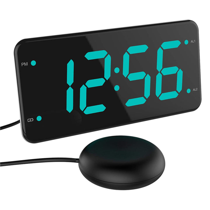 Easy Setting Dual Alarm Digital Clock with Bed Shaker, Extra Loud Alarm, 7” Large Display, Dual USB Charger, Full Range Dimmer, Snooze, Battery Backup, USB Night Light – Eye Protection Green