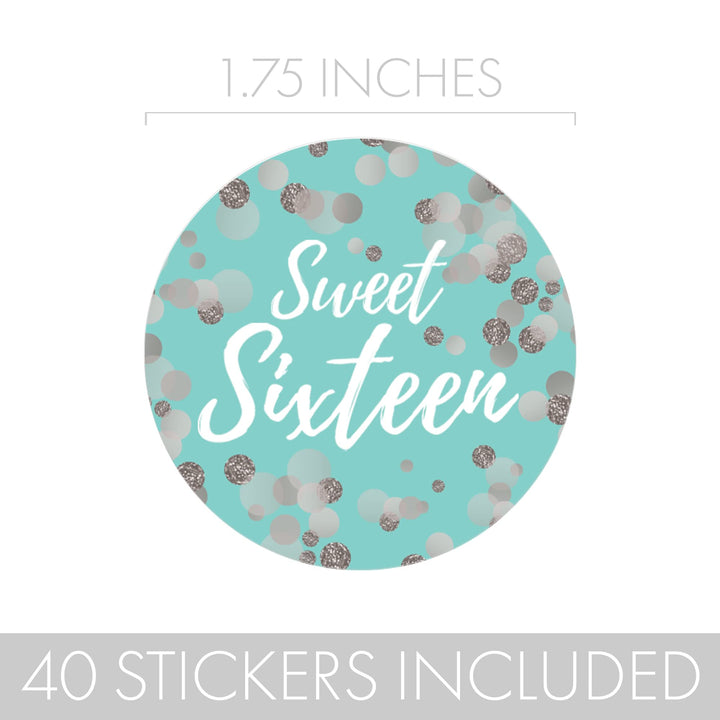 Sweet Sixteen 16th Birthday Favor Stickers, 1.75 in, 40 Labels (Blue and Silver)