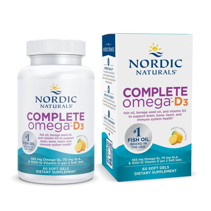 Complete Omega-D3, Lemon Flavor - 60 Soft Gels - 565 mg Omega-3 + 70 mg GLA + 1000 IU Vitamin D3 - EPA & DHA - Healthy Skin, Cognition, & Positive Mood - Non-GMO - 30 Servings