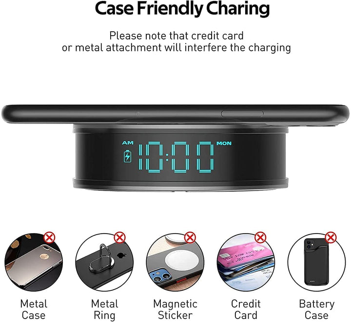 Digital Alarm Clock with 15W Fast Wireless Charge , Wireless Charger Pad for iOS/Android Smartphone , Adjustable Brightness LED Alarm Clock