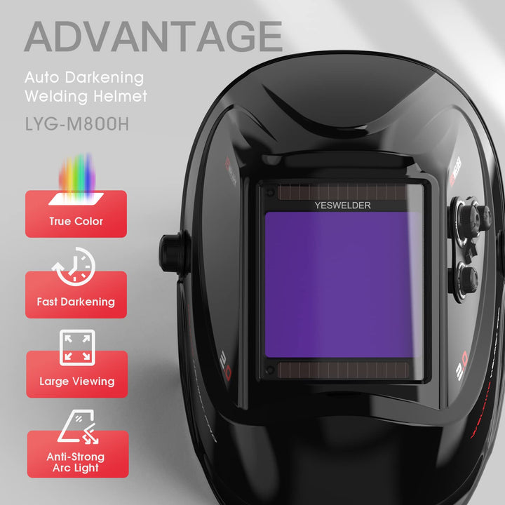 Large Viewing Screen 3.93X3.66 True Color Solar Power Auto Darkening Welding Helmet, 4 Arc Sensor Wide Shade 4/5-9/9-13 for TIG MIG Arc Weld Grinding Welder Mask LYG-M800H