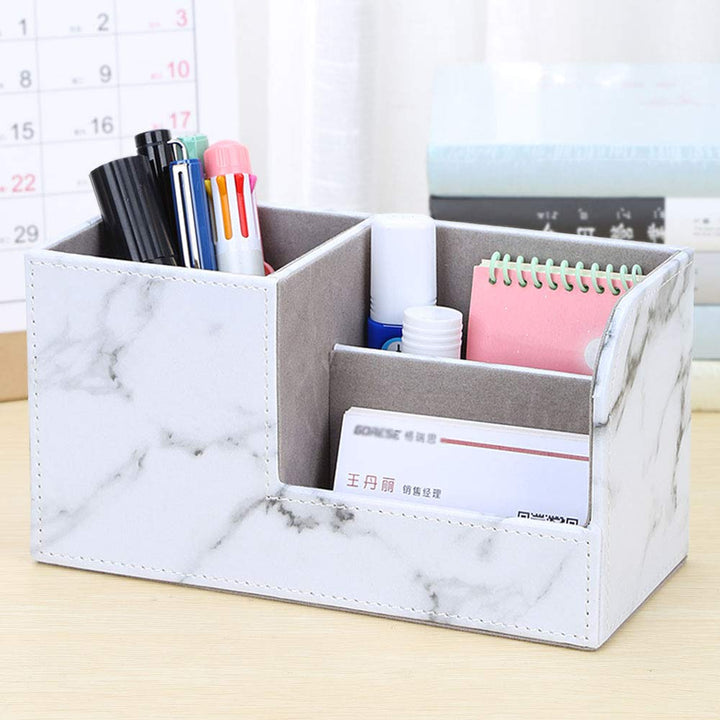 Desk Organizer Office Supplies Caddy Pu Leather Multi-function Storage Box Pen/Pencil,Cell phone, Business Name Cards Remote Control Holder Gray Marble