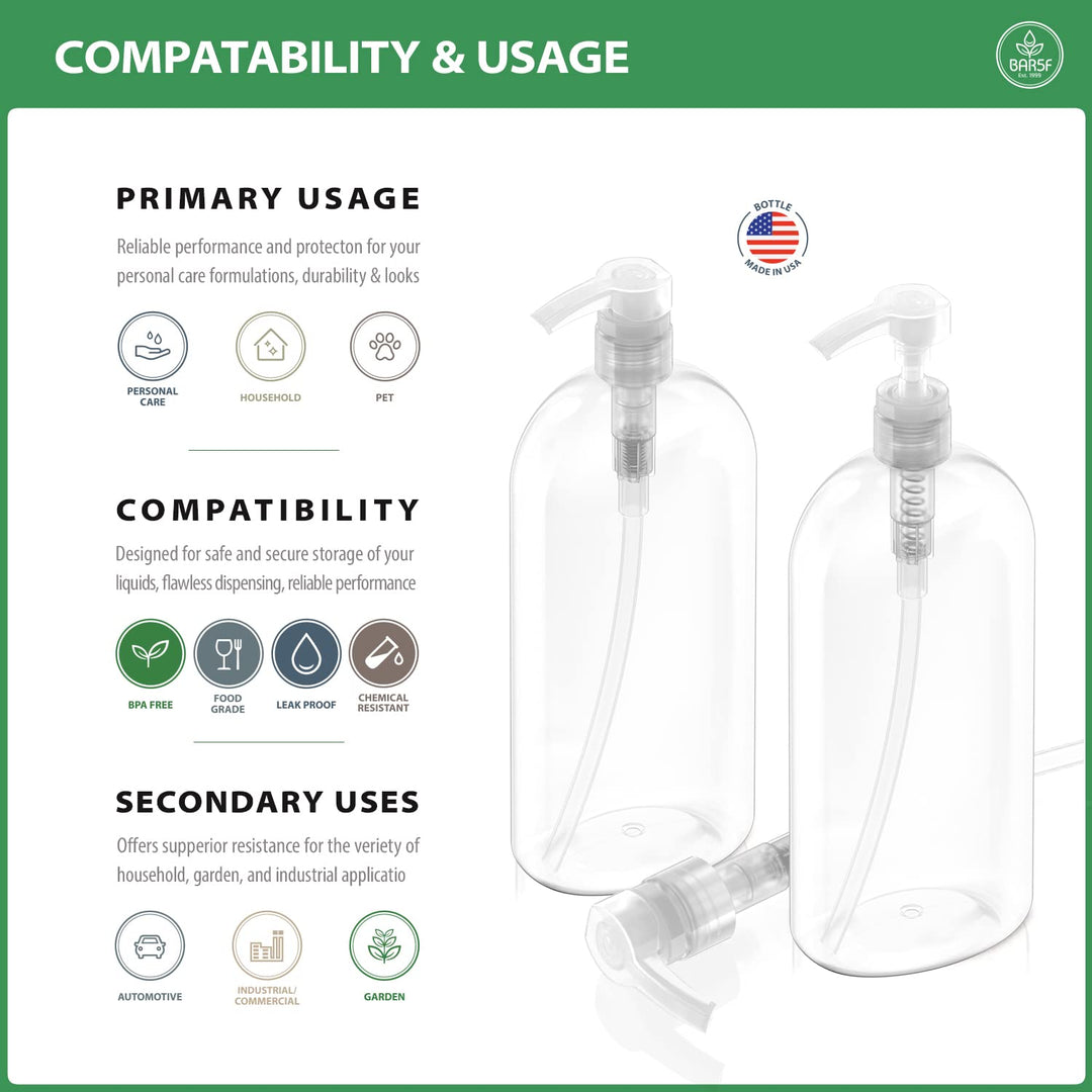 Empty Shampoo Bottles with Pumps Dispenser 32 oz (1 Liter) Leak-Proof Large Empty Refillable BPA-Free 2-Pack