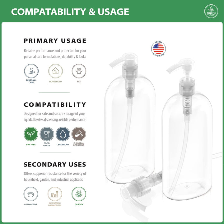 Empty Shampoo Bottles with Pumps Dispenser 32 oz (1 Liter) Leak-Proof Large Empty Refillable BPA-Free 2-Pack