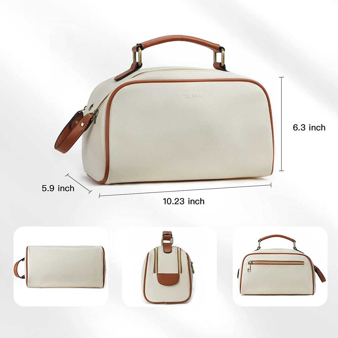 Travel Toiletry Bag Makeup Cosmetic Bags for Women Waterproof PU Leather Toiletry Organizer Portable Large Capacity Beige with Brown