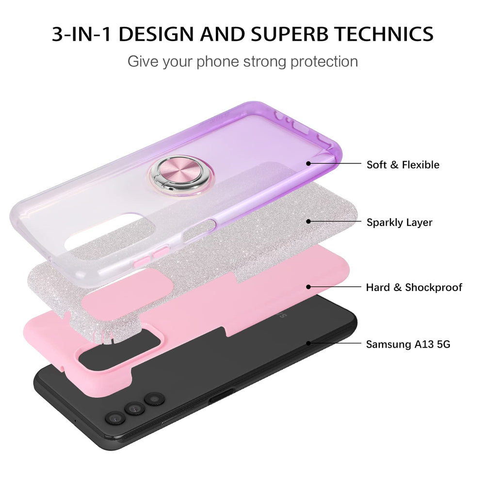 Galaxy A13 5G Case, Glitter Sparkly 360° Ring Holder Kickstand Magnetic Car Mount Dual Layer Shockproof Protective Girls Women Case Cover for Samsung Galaxy A13, Purple