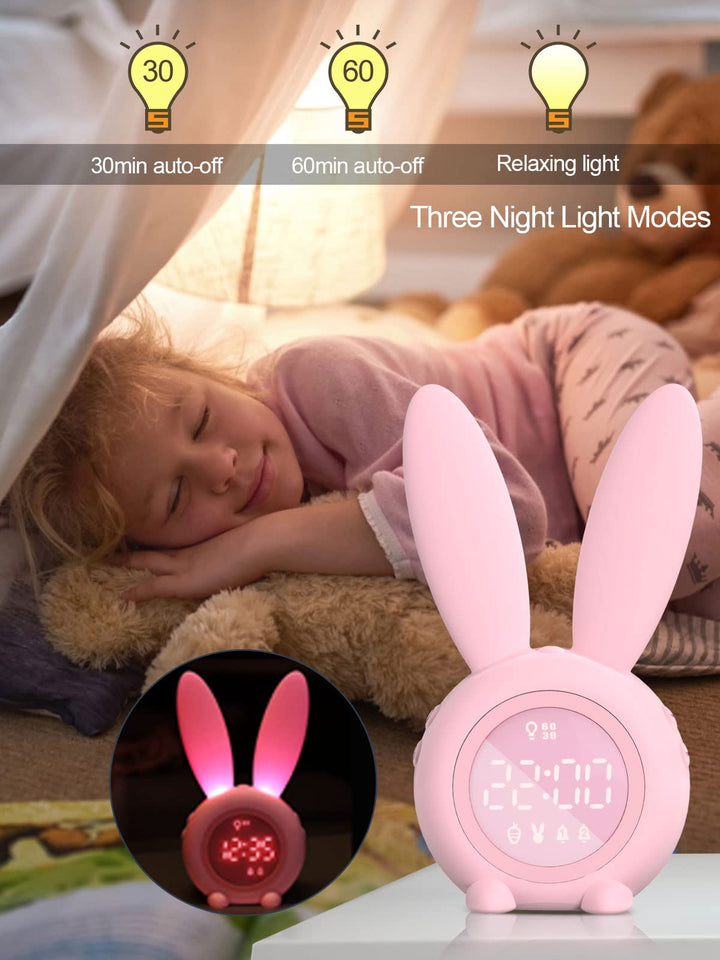 Kids Alarm Clock - Digital Wake Up Clock, Dimmable Ambient Lighting, Cute Rabbit Design, 5 Ringtones - Rechargeable, Perfect for Bedrooms